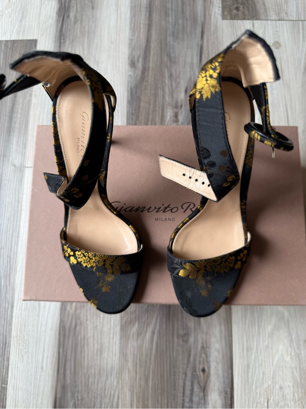Gianvito Rossi Black Sandals with Gold Floral Detail